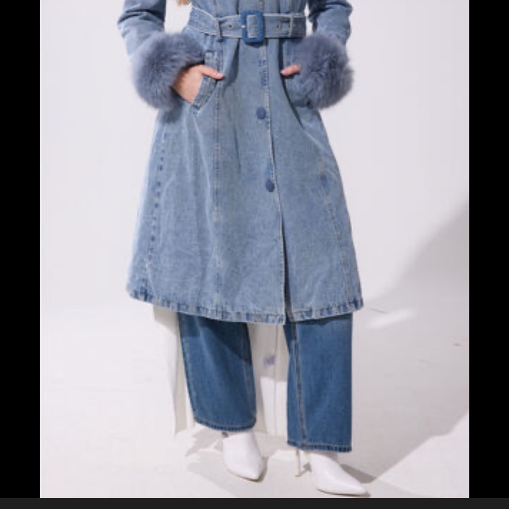 Urban Outfitters Azalea Wang Blue Faux Fur Trim Denim Trench Coat - Picture 2 of 5